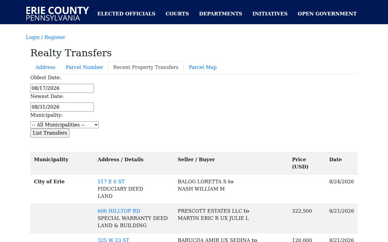 Millcreek Township street directory Erie County recent property transfers