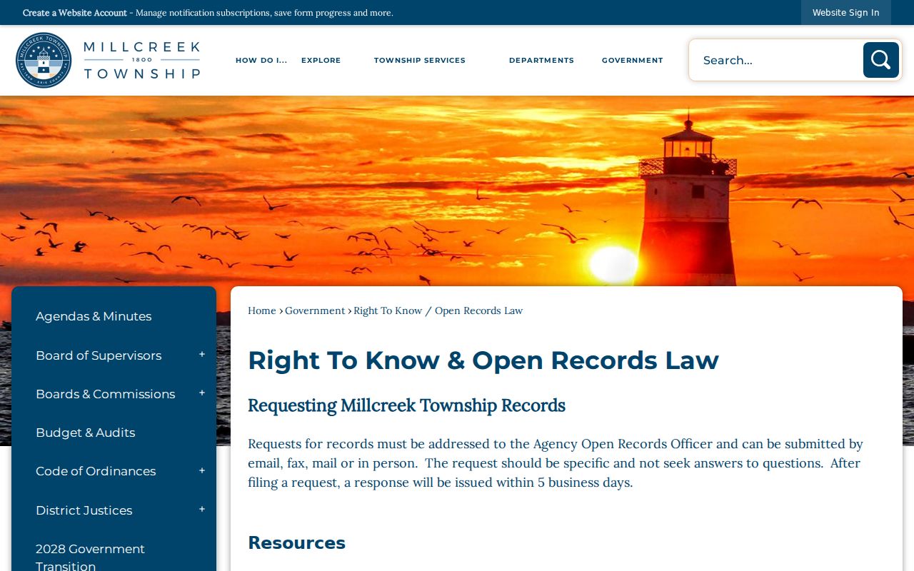 Millcreek Township street directory Right-to-Know records access