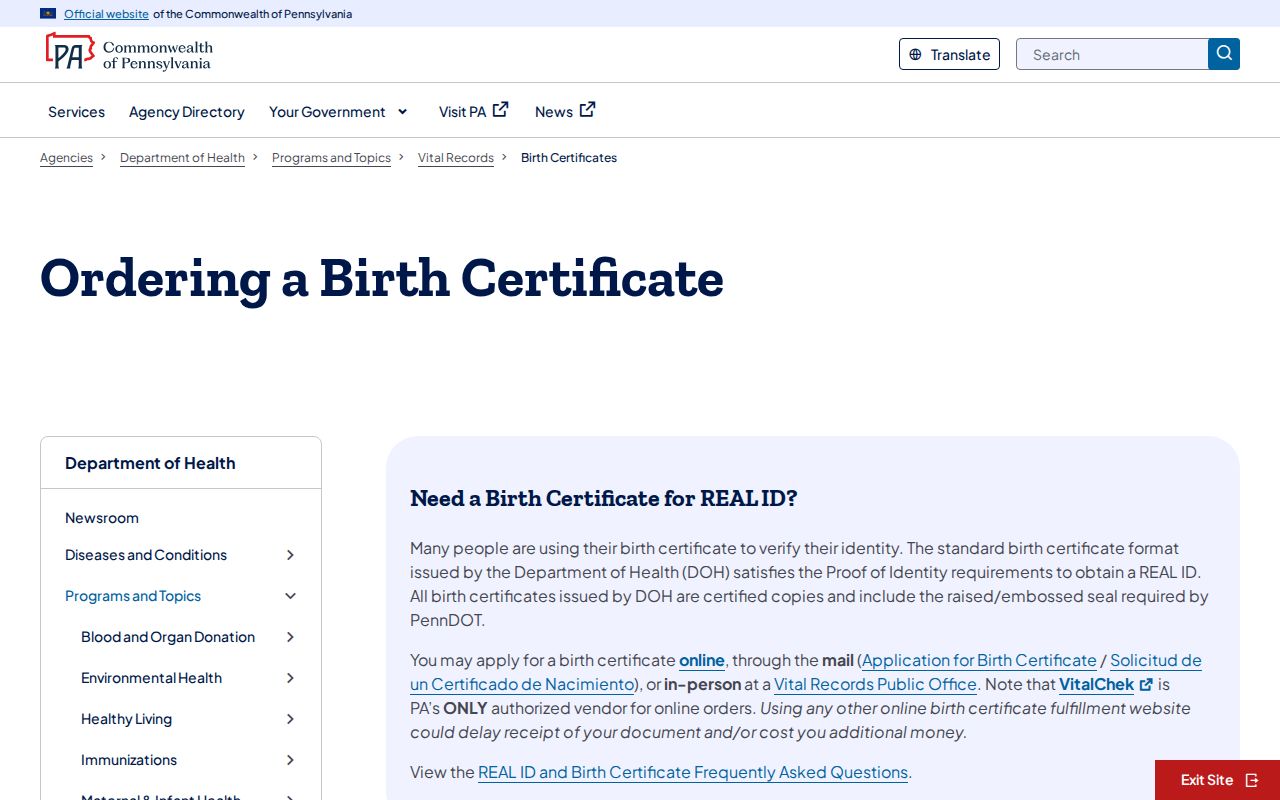 Millcreek Township resident lookup Pennsylvania birth certificate route